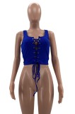 Summer Blue Lace-Up Sexy Ribbed Tank Crop Top
