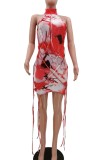 Summer Paints Print Strings Scoop Neck Mini Bodycon Dress