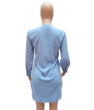 Summer Blue Long Sleeve Deep-V Blouse Dress