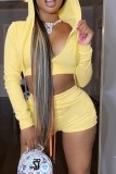 Summer Yellow Long Sleeve Short Hoody Jacket and Shorts 2 Piece Tracksuit