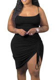 Summer Plus Size Black Ruched Strings Strap Club Dress