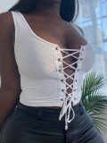 Summer White Lace-Up Sexy Ribbed Tank Crop Top