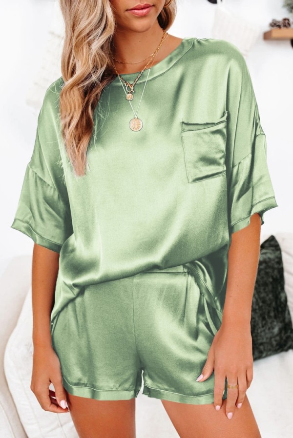 Summer Solid Color Smooth Shirt and Shorts 2PC Pajama Set