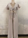 Summer Casual Beige Knotted Crop Top and High Waist Wide Pants 2PC Matching Set