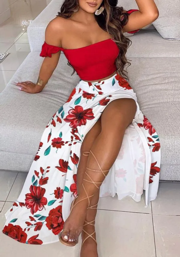 Summer Print Red Ruched Crop Top and Slit Long Skirt 2PC Matching Sundress Set