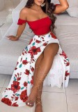 Top corto fruncido rojo con estampado de verano y falda larga con abertura Conjunto de vestido veraniego a juego de 2 piezas