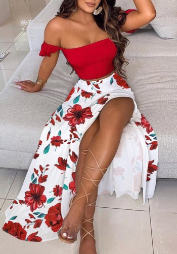 Summer Print Red Ruched Crop Top and Slit Long Skirt 2PC Matching Sundress Set