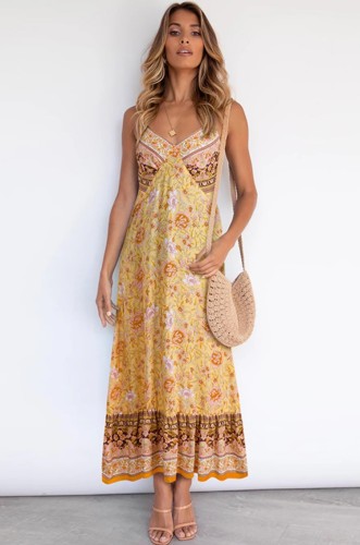 Maxi robe d'été longue à bretelles jaunes à imprimé bohème d'été