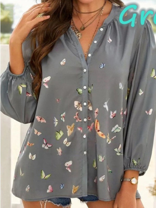 Summer Grey Butterfly Print Long Sleeve V-Neck Loose Blouse