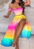 Summer Rainbow fruncido Crop Top y Slit Long Falda 2PC Juego de vestido veraniego