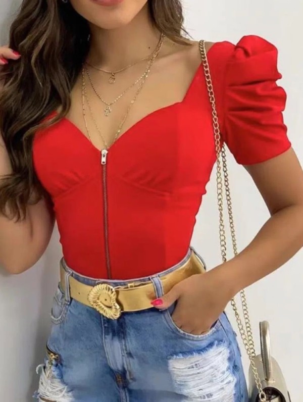 Summer Red Vintage Puff Sleeve Zipper Top