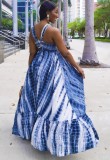 Summer Blue Tie Dye Fit-and-Flare Halter Long Maxi Sundress