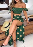 Summer Print Green Ruched Crop Top and Slit Long Skirt 2PC Matching Sundress Set