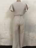 Summer Casual Beige Knotted Crop Top and High Waist Wide Pants 2PC Matching Set