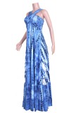 Summer Blue Tie Dye Fit-and-Flare Halter Long Maxi Sundress