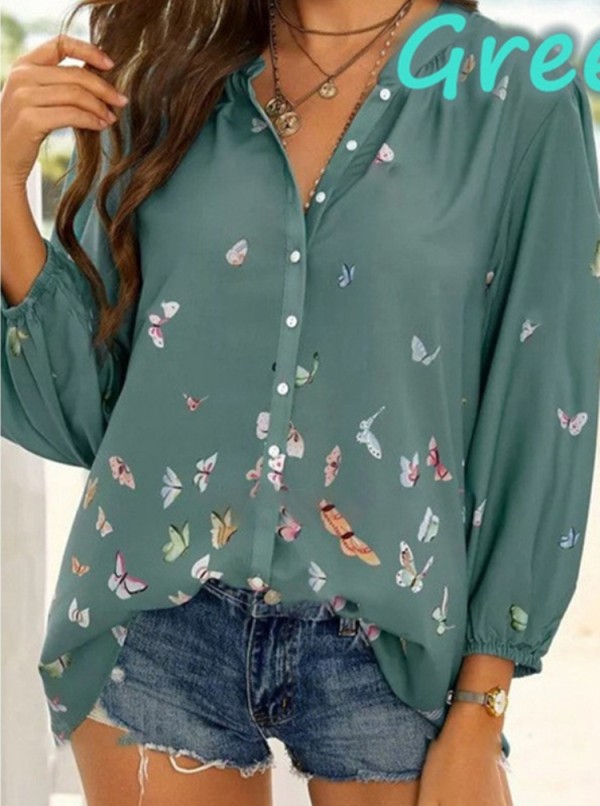 Summer Green Butterfly Print Long Sleeve V-Neck Loose Blouse