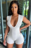 Summer White Ribbed Deep-V Sleeveless Sexy Bodycon Rompers