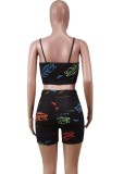 Summer Print Black Bodycon Strap Vest and Biker Shorts 2PC Matching Set