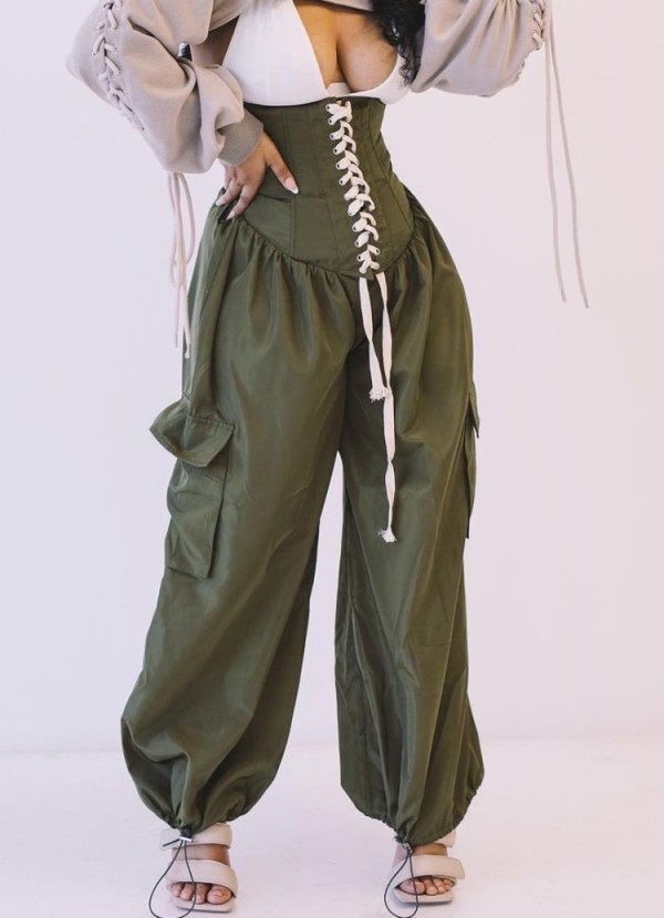 Summer Street Style Green High Waist Lace-Up Boho Trousers