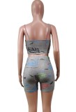 Summer Print Grey Bodycon Strap Vest and Biker Shorts 2PC Matching Set
