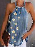 Summer Floral Blue Denim Halter Vest
