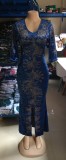 Summer Blue Print Half Sleeve Slit Mermaid Evening Dress