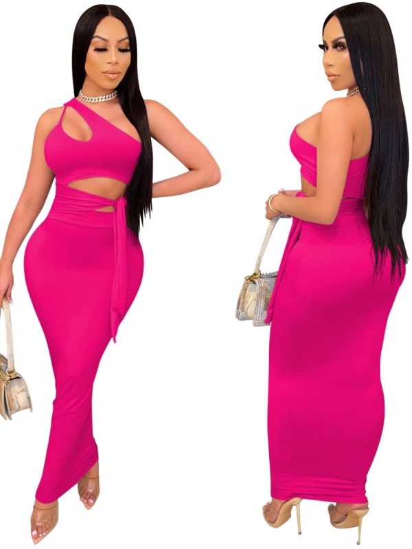 Summer Pink One Shoulder Crop Top and High Waist Long Skirt Party Set