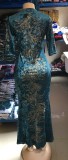 Summer Green Print Half Sleeve Slit Mermaid Evening Dress
