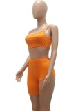 Summer Orange Sexy Strap Crop Top and Irregular Shorts 2PC Matching Set