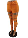 Summer Orange Hollow Out High Waist Tight Trousers