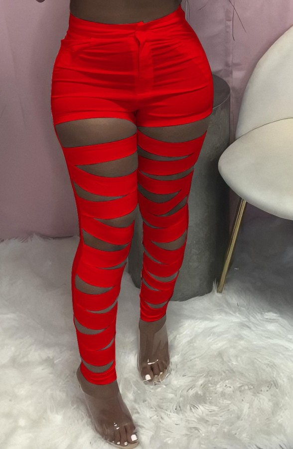 Summer Red Hollow Out High Waist Tight Trousers