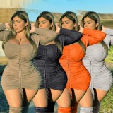 Spring Plus Size Orange Long Sleeve Ruched Strings Bodycon Dress
