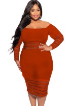 Summer Plus Size Red Off Shoulder Stripes Bodycon Dress with Sleeves