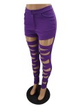 Summer Purple Hollow Out High Waist Tight Trousers