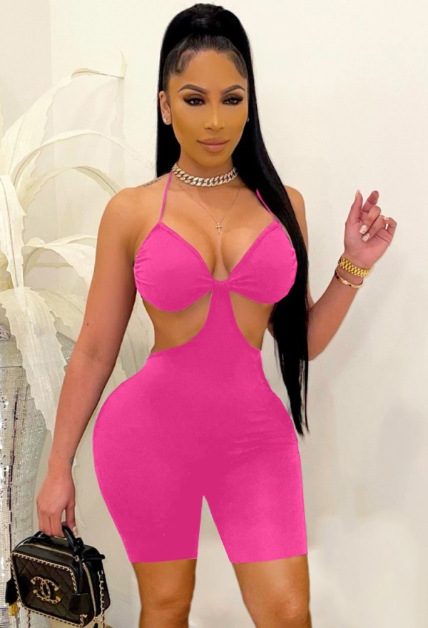 Summer Pink Hollow Out Sexy Halter Bodycon Rompers