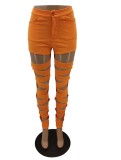 Summer Orange Hollow Out High Waist Tight Trousers