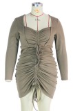 Spring Plus Size Long Sleeve Ruched Strings Bodycon Dress
