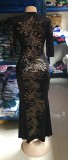 Summer Black Print Half Sleeve Slit Mermaid Evening Dress
