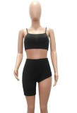 Summer Black Sexy Strap Crop Top and Irregular Shorts 2PC Matching Set