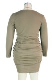 Spring Plus Size Long Sleeve Ruched Strings Bodycon Dress