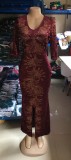 Summer Burgunry Print Half Sleeve Slit Mermaid Evening Dress