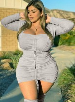 Spring Plus Size Grey Long Sleeve Ruched Strings Bodycon Dress