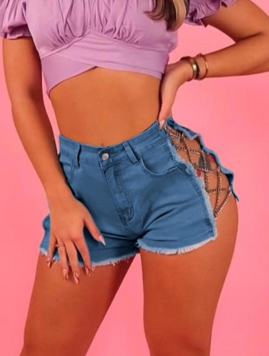 Summer Blue Lace-Up Chains Tassels Denim Shorts