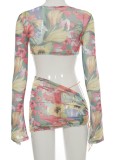 Summer Floral Long Sleeve Knotted Crop Top and Ruched Mini Skirt 2PC Party Set