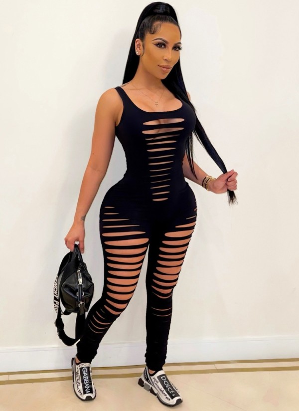Summer Black Sleeveless Sexy Ripped Bodycon Jumpsuit