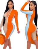 Spring Block Color Long Sleeve Ribbed Zipper Bodycon Rompers