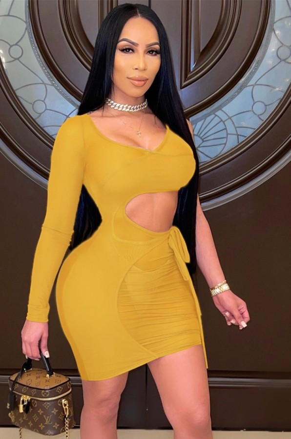 Summer Yellow Hollow Out Mini Bodycon Dress with Single Sleeve