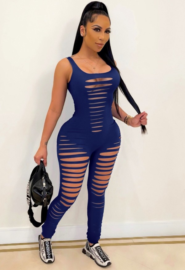 Summer Blue Sleeveless Sexy Ripped Bodycon Jumpsuit