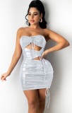 Summer Sexy Metallic Hollow Out Ruched Mini Club Dress