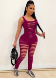 Summer Red Sleeveless Sexy Ripped Bodycon Jumpsuit